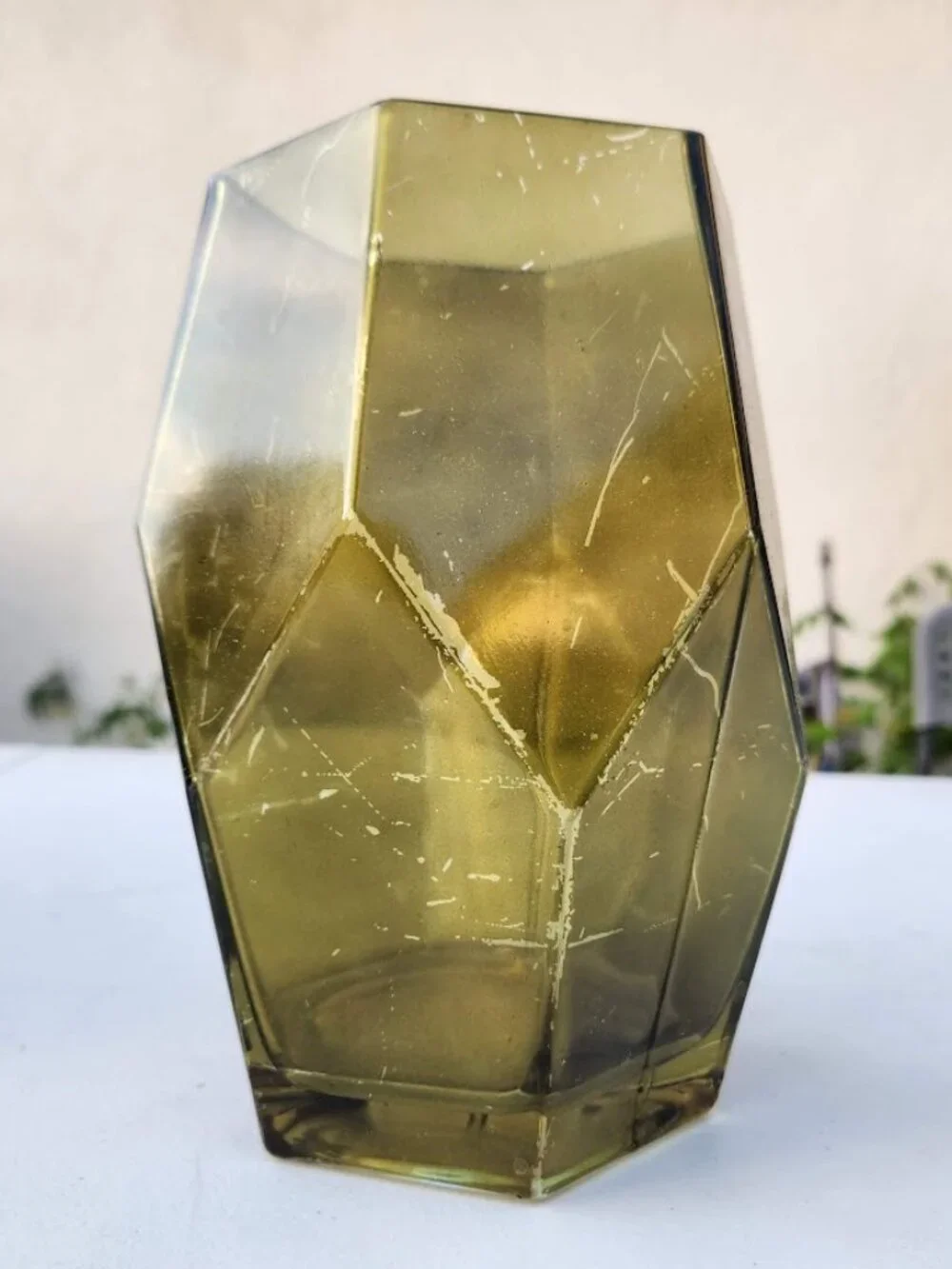 Beautiful Vintage Green Hexagon Vase Terrarium Decor Mid Century Modern Glass Ru